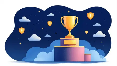 Trophy on pedestal with clouds and shields symbolizing cloud application security