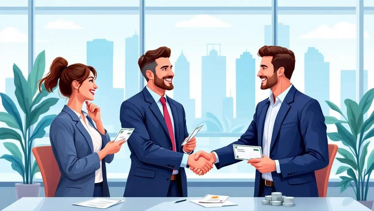 Australian office workers holding paychecks shaking hands with sydney skyline