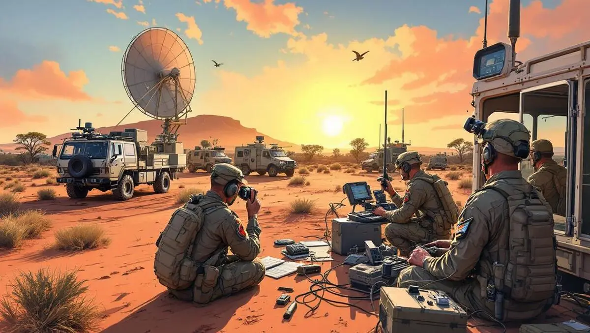 Australian soldiers operating modern communication equipment mobile field unit