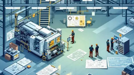 Engineers inspecting machinery digital blueprints factory floor verification