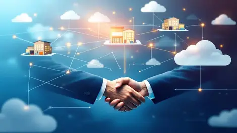Interconnected warehouses cloud network lines handshake business partnership supply chain tech