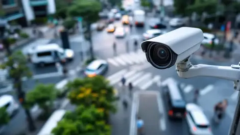 Realistic security camera monitoring busy urban street intersection