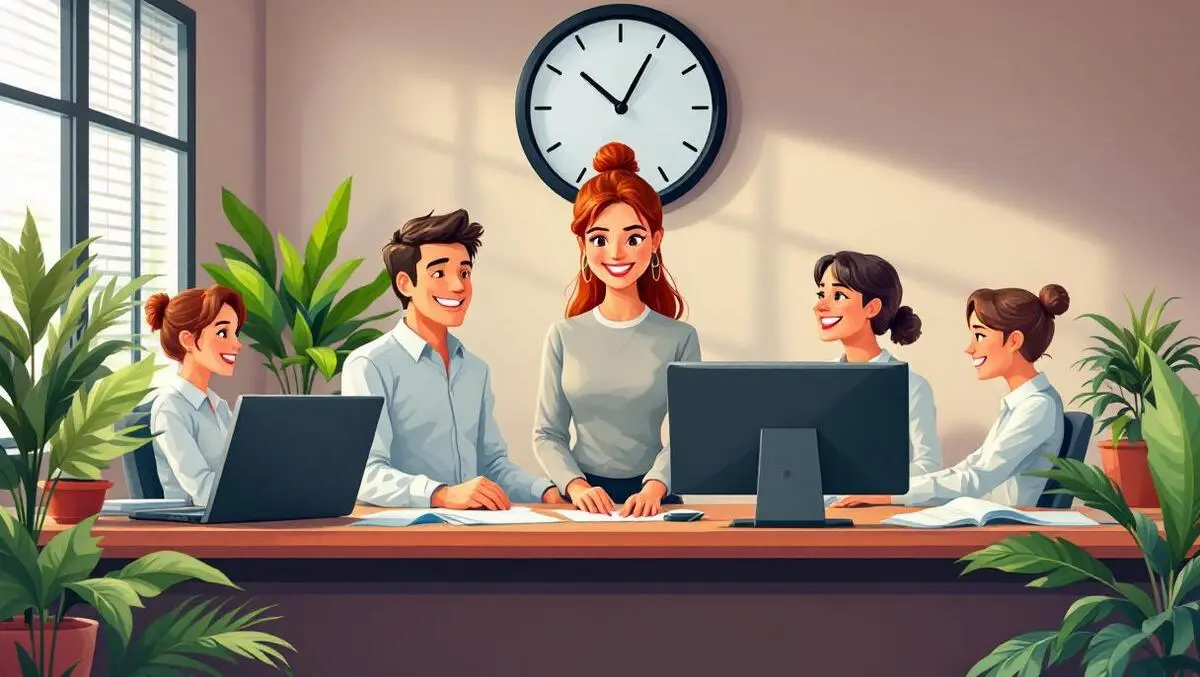 Small australian business office hr representative helping employees clock fast service