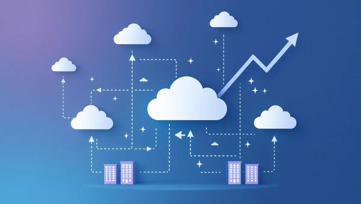 Cloud network business buildings growth integration upward trending arrows