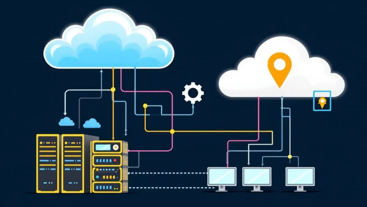 Illustration hybrid cloud infrastructure servers monitors data center cloud icons