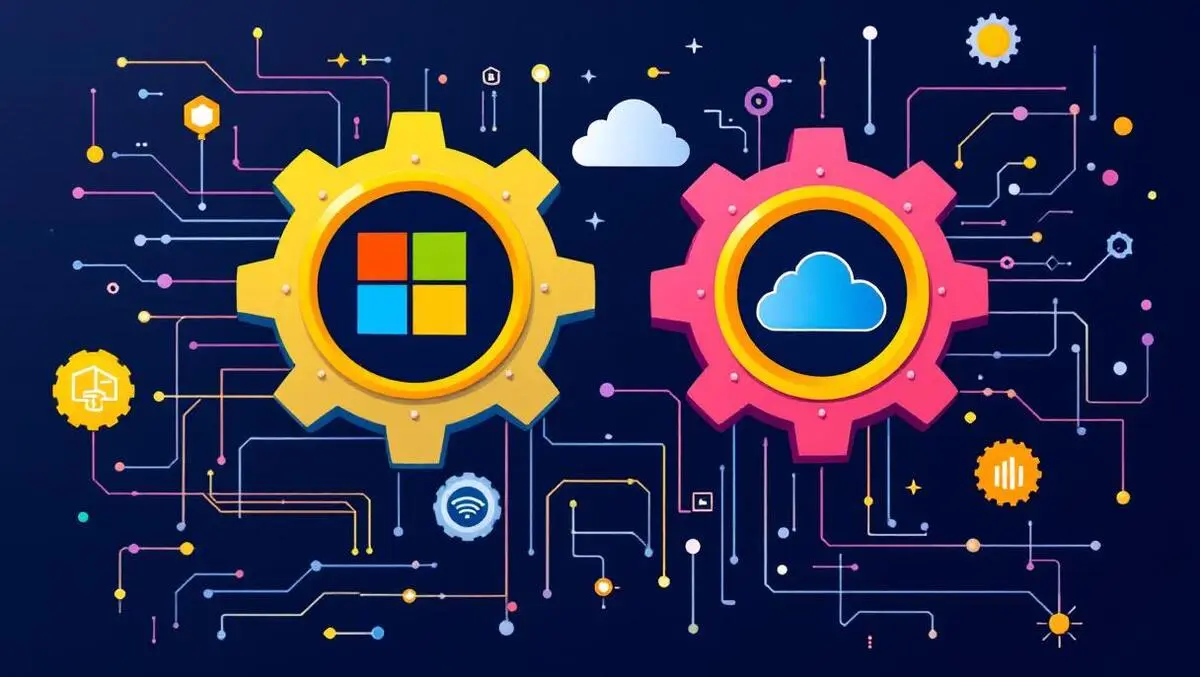 Interconnected gears microsoft logo cloud software digital circuit ai integration
