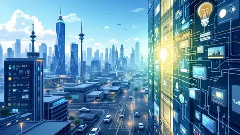 Modern smart building energy efficient lighting network cables middle east cityscape