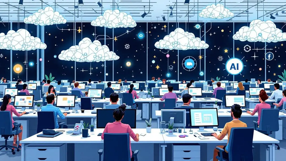 Illustration australian office staff computers ai clouds enthusiasm concern modern workspace