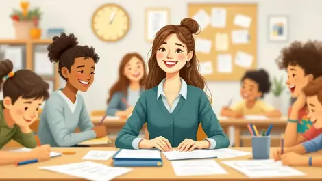 Relaxed teacher at desk with organized paperwork and happy students in cal