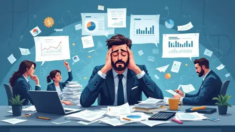 Stressed finance professionals surrounded by paperwork calculators charts inefficiency manual processes business growth