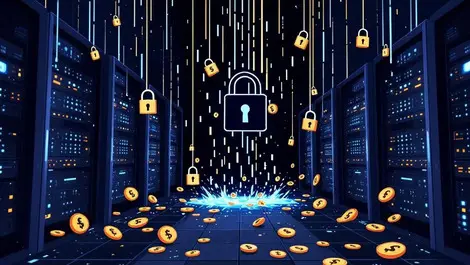 Dark server room digital locks breaking data streams korean won currency graphic
