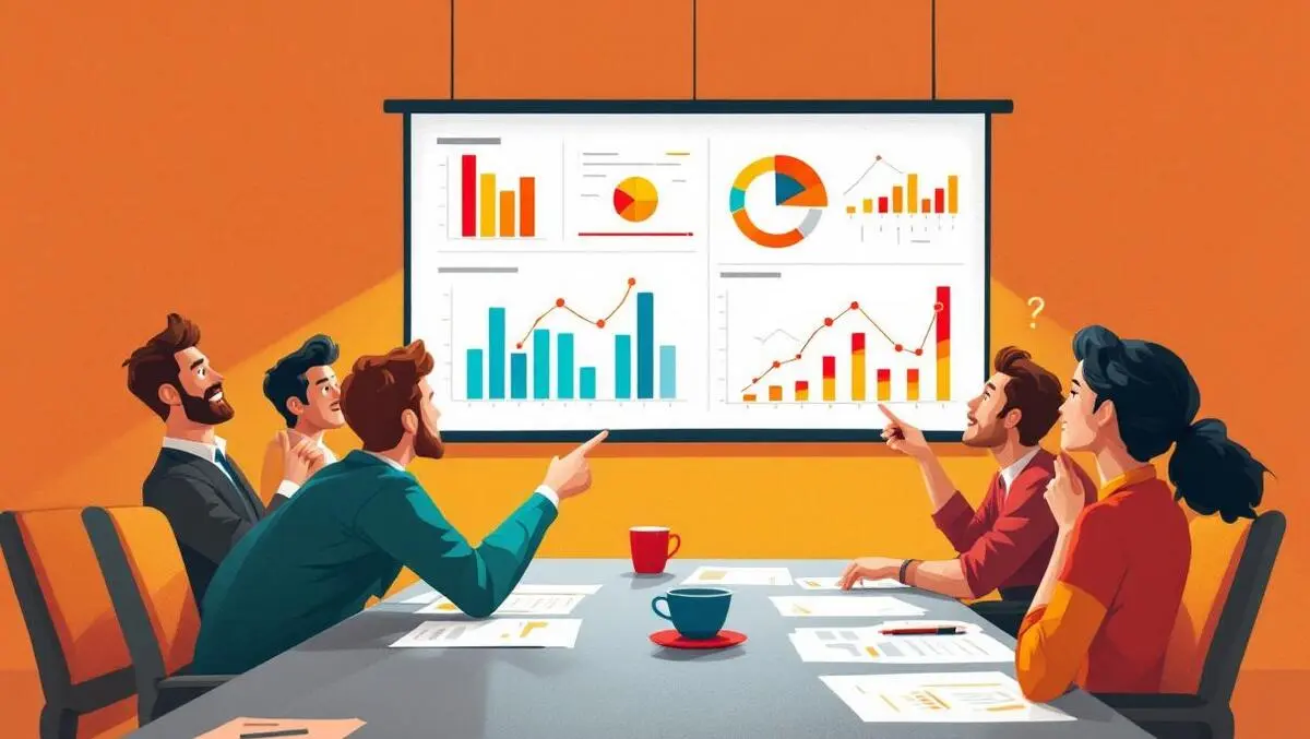 Business meeting room with team debating conflicting data charts graphs
