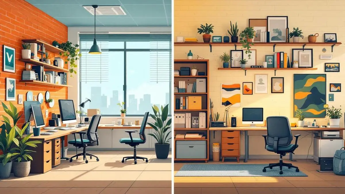 Australian office setting split modern office vs cozy home workspace contrast