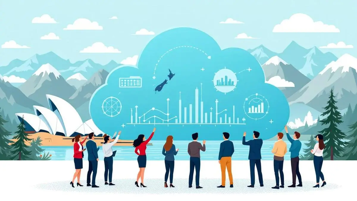 Business professionals collaborating cloud sydney opera house nz mountains