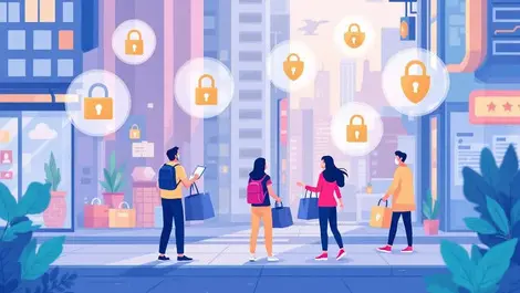 Asian city shoppers selecting products with locks and shield symbols for data privacy security
