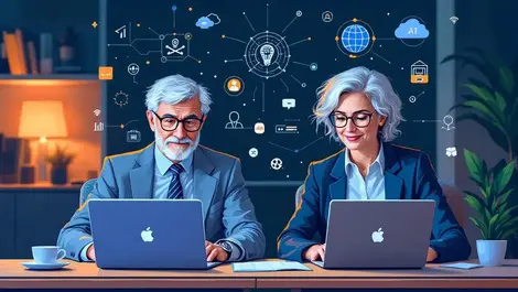 Confident older british couple working on laptops ai icons home office