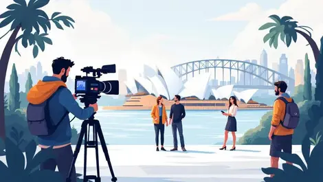 Filmmaker holding camera filming actors sydney opera house backdrop australian production