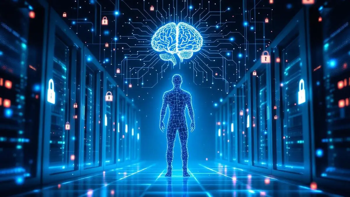 Cinematic ai identity silhouette between secure servers with shields