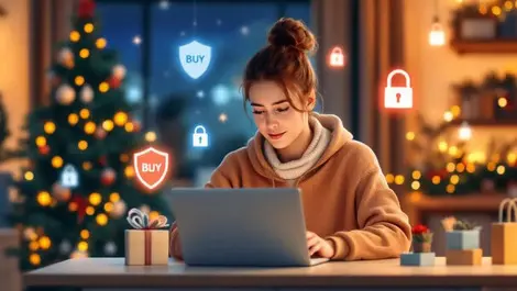 Holiday online shopper hesitating click secure icons warm home