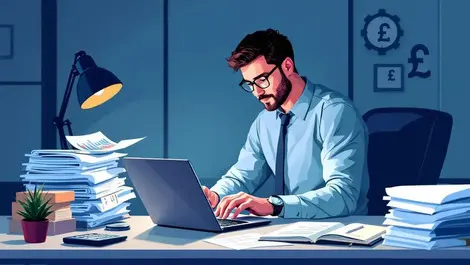 Uk accountant modern desk laptop charts tax documents union jack