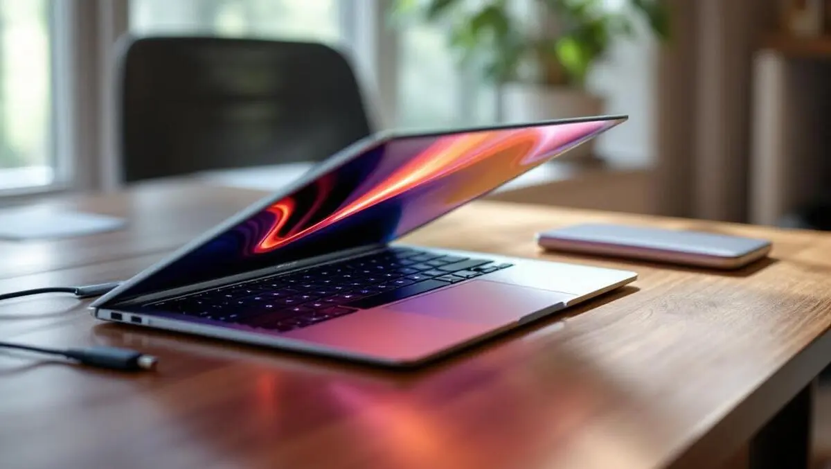 Ultra thin silver laptop oled screen on wooden desk natural light