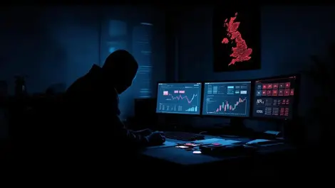 Shadowy hacker desk uk credit card fraud crime thriller scene