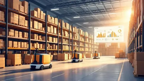 Ai supply chain warehouse with robots and digital dashboard scene
