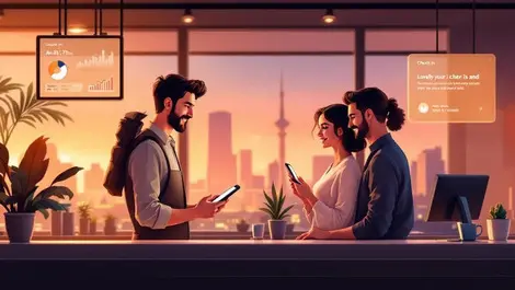 Modern hotel lobby couple mobile checkin staff tablet analytics