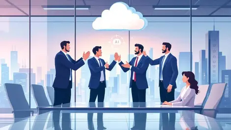 Executive team celebration modern boardroom ai cloud icons city