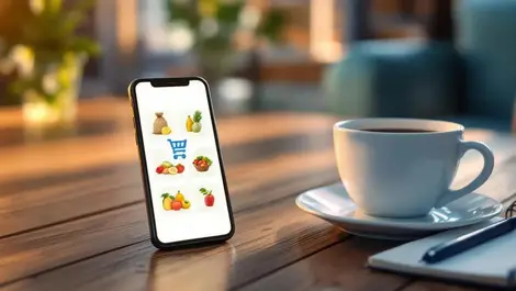 Realistic smartphone grocery app walmart cart on wooden table