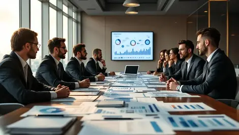 Modern law office conference table lawyers documents data visuals