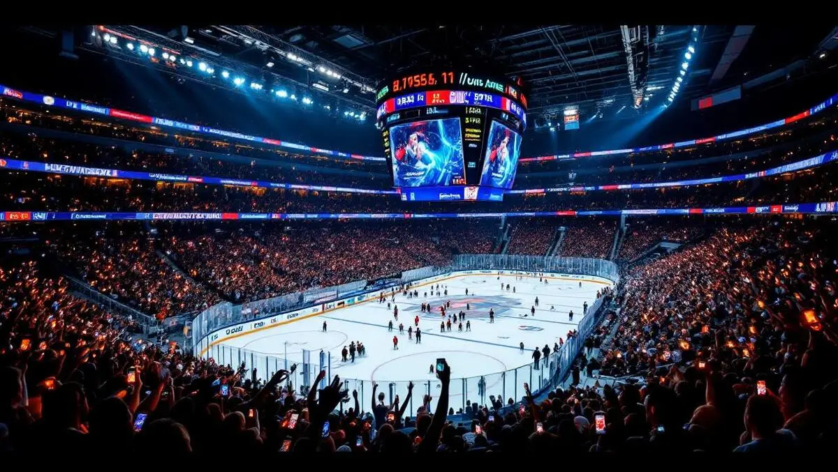 Los angeles packed hockey arena night fans phones scoreboard lighting