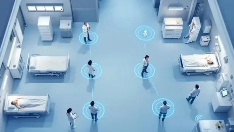 Hospital ward overhead bluetooth contact tracing paths glowing