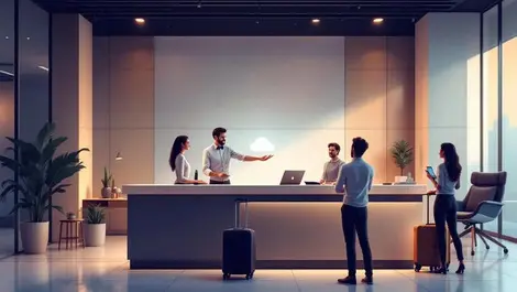 Modern european hotel front desk cloud tech integration lobby