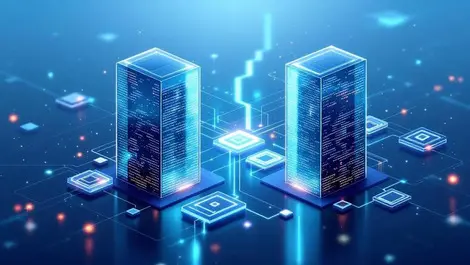 Ai cloud partnership glass office towers glowing data stream scene