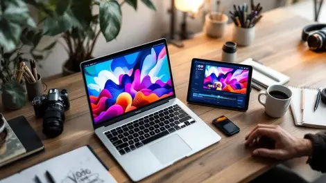 Creative home workspace laptop tablet generating abstract media