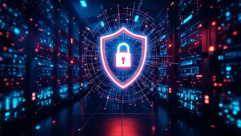 Cinematic secure data center ai shield hologram blue teal lighting