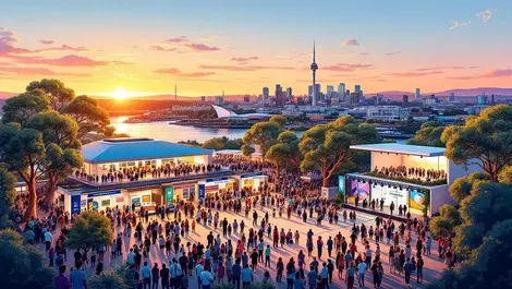 Adelaide riverside tech festival sunset climate art crowds laughing