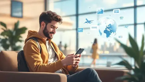 Traveler airport lounge conversational trip planning digital globe