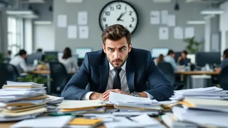 Stressed middle manager cluttered australian office wasted time
