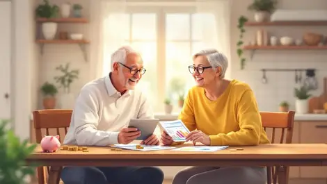 Older australian couple reviewing retirement savings charts table