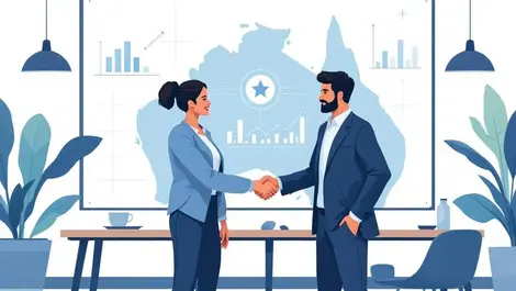 Australian office pros handshake customer journey dashboard scene