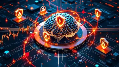Ai brain circuit shields security icons blocking red attacks
