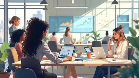 Uk open plan office women collaborating digital finance tech change