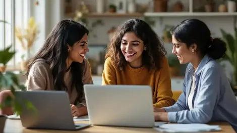 Indian women software developers collaborating open office